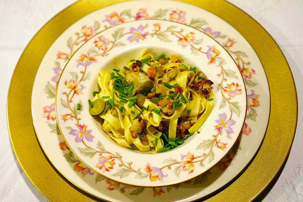 Roasted Cauliflower with Pancetta, Olives and Crisp Parmesan over Fettucine