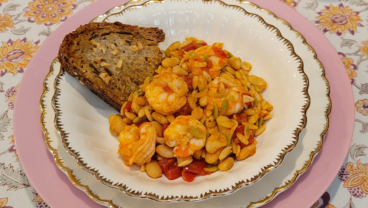 Tuscan Shrimp with White Beans and Orzo